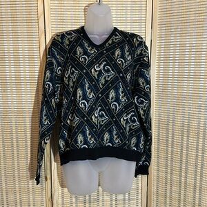 Jantzen Vintage 1980s? Navy Blue William Morris Print Pattern Knit Sweater Med